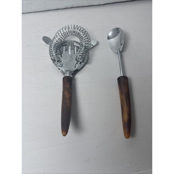 MCM Parker Gaines Stainless Cocktail Strainer & Spoon w/ Marbled Bakelite Handle - Picture 2 of 8